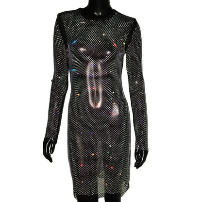 Women Crystal Diamond Sexy Bodycon Dress Hollow Out Long Sleeve Mini Dress See Through Rhinestone Party Club Evening Dresses