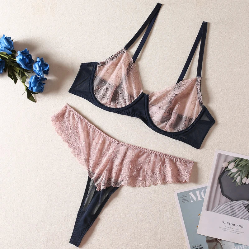 Lingerie Seamless Bra Sheer Lace Underwear Set Women 2 Piece Contrast Color Fancy Intimate See Through Outfits