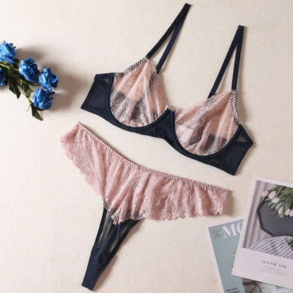 Lingerie Seamless Bra Sheer Lace Underwear Set Women 2 Piece Contrast Color Fancy Intimate See Through Outfits