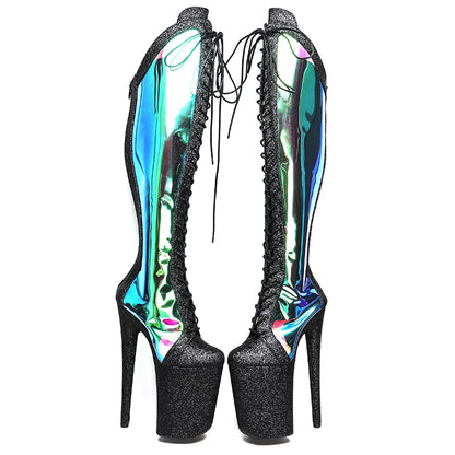 23CM/9inches shiny black Knee High Boots For Women  Chunky Platform y High Boots Party Shoes Ladies 5B