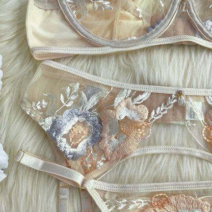 Ellolace Floral Romantic Lingerie Fancy Women's Underwear Set Transparent Bra Embroidery Ensemble Sexy Outfits Fantasty Intimate