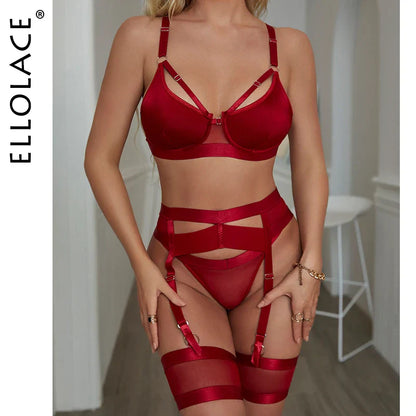 Ellolace Sexy Goth Women's Underwear Lingerie Hollow Out Black Exotic Brief 3 Piece Sets Setup Ladies Underwire Bilizna Set
