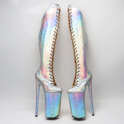 26CM/10inches color matching Extreme High Heels Platform Boots Lace Up y Pole Dancing  knee high boots 5BY