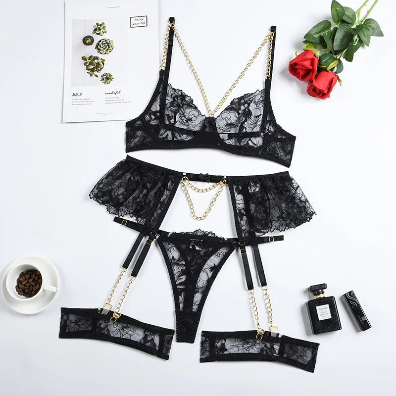 Lingerie Luxury Lace Female Underwear y Transparent Bra Panty Sets With Chain Fancy See Through Exotic Sets 4-Piece