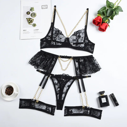 Lingerie Luxury Lace Female Underwear y Transparent Bra Panty Sets With Chain Fancy See Through Exotic Sets 4-Piece