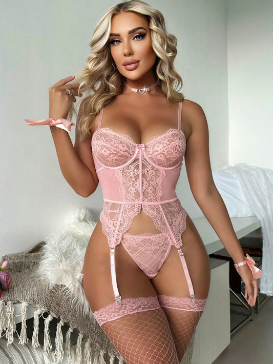 Ellolace Sexy Erotic Lingerie 5-Piece With Fishnet Stocking Fancy Lace See Through Push Up Outfits Sissy Crotchless Onlyfans Kit