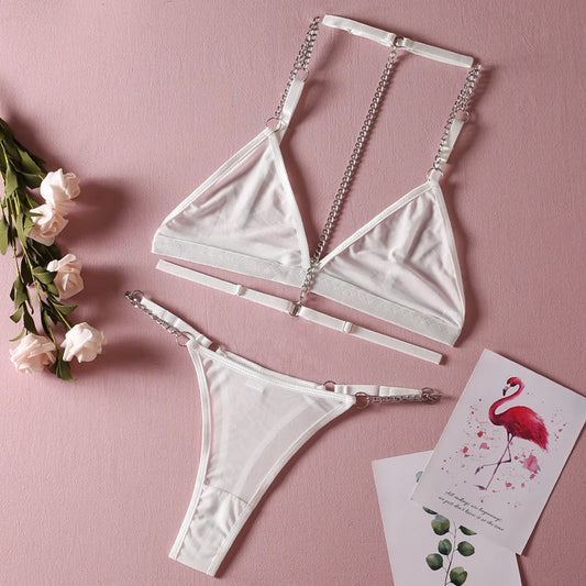 Lencería sensual, ropa interior de tul sin censura con cadena, ligas con cuello Halter, disfraces transparentes de encaje 