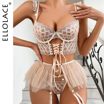 Ellolace Sexy Lingerie Romantic Seductive Intamite Wear Attractive Chest Suspenders Onlyfans Kit Lace Bra Set 3-Pcs