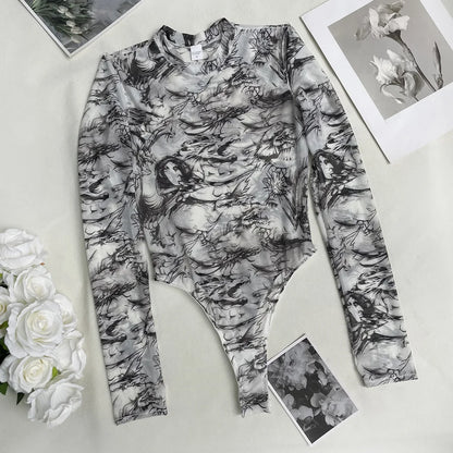 Ellolace Tie Dye Bodysuit Long Sleeve Lingerie Body Uncensored Tight Fitting Woman Crotchless Mesh Sexy Tops See Through Outfit