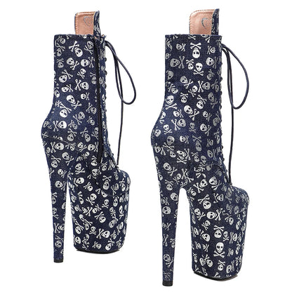 20CM/8inches Skull pattern Super High Heel Pole Dancing Ankle Boots Lacing  Fashion Club Stage Performance High Heel 3B