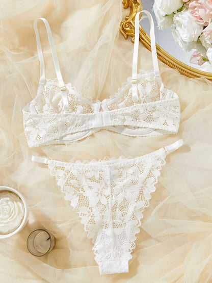 Ellolace Lingerie Sexy Woman Push Up See Through Floral Outfits Erotic Intim Goods White Soft Seamless Underwear Set