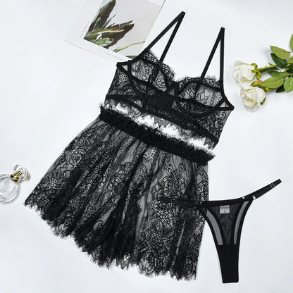 Ellolace Lace Lingerie See Through Exotic Sets Sissy Transparent Skirt Fantasy Outfits Sexy French Underwear Black Sex Suit