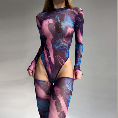 Tie Dye Bodysuit Long Sleeve Lingerie Body Uncensored Tight Fitting Woman Crotchless Mesh  Tops See Through Outfit