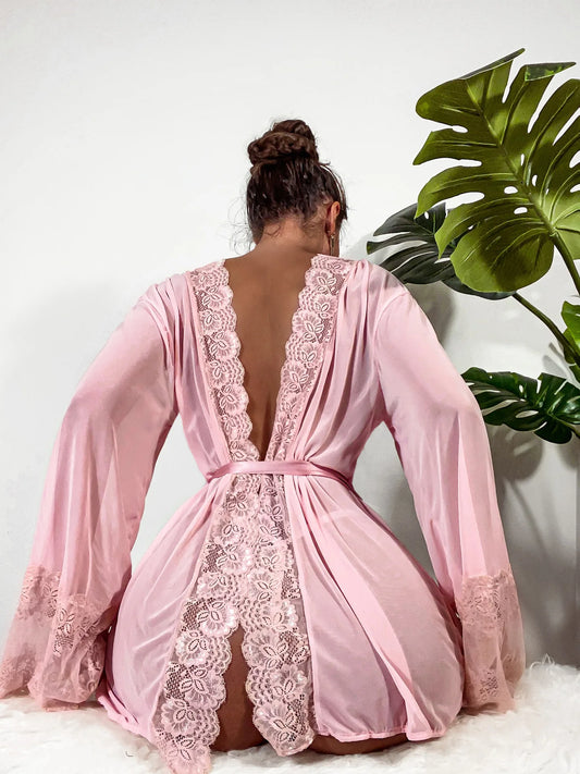 Sexy Lace Robe Long Sleeve Sleepwear Light Pink Nightwear Bridesmaids Gifts Lace Up Nighty Pajama