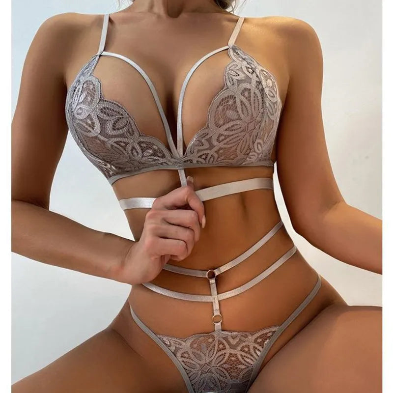 Transparent  Lingerie For Women Lace Bra And Panty Sets Female Fine  Lingerie Set  Deep V Neck Teddy Underwear Set