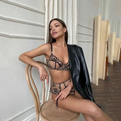 Ellolace Floral See Through Lingerie Lace Embroidery Fancy Bra Kit Push Up Beautiful Underwear Delicate Luxury Outfits