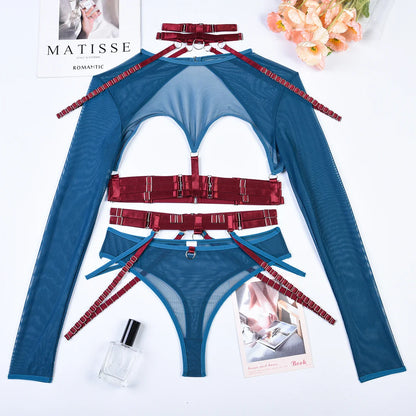 Ellolace Sexy Lingerie Cut Out Top Sheer Lace Transparent Exotic t-Shirts Gothic Sensual Accessories 4-Piece Garter Belt Outfits