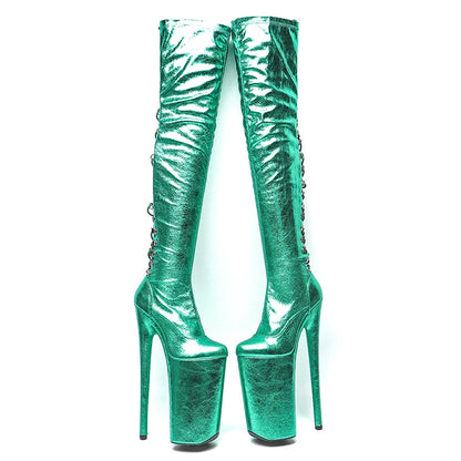 26CM/10inches Patent Upper Women Fashion High Heels Platform Closed Toe Lace Up And Thigh High Boots Pole Dance Boots