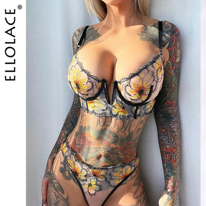 Fancy Lingerie Floral  Underwear Luxury Lace Deep-V Bra Set Women 2 Piece Transparent Sheer Bilizna Set Of