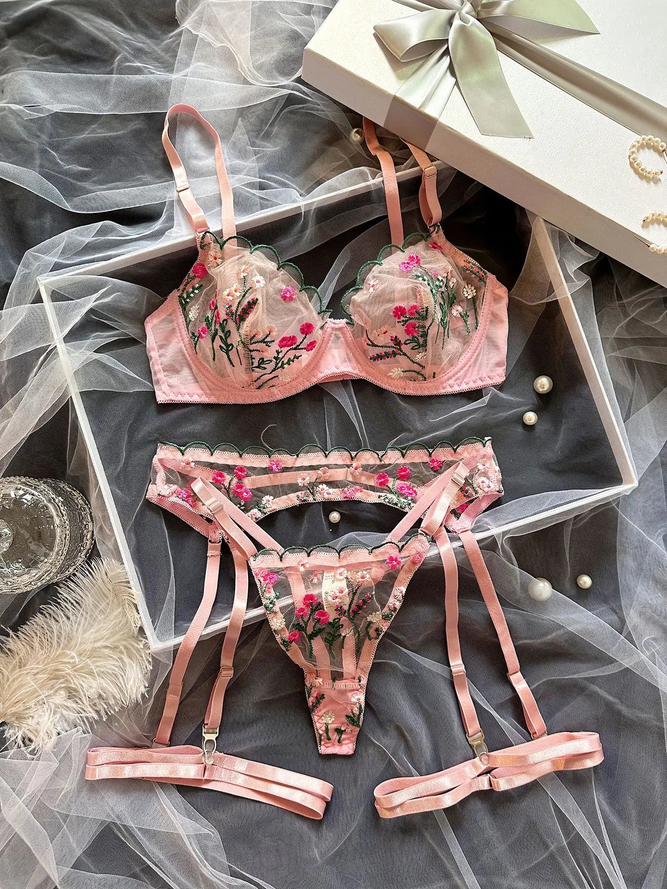 Ellolace Fairy Lingerie Floral Transparent Bra Fancy Underwear Delicate Lace Garter Belt Set Valentine Holiday Sexy Intimate