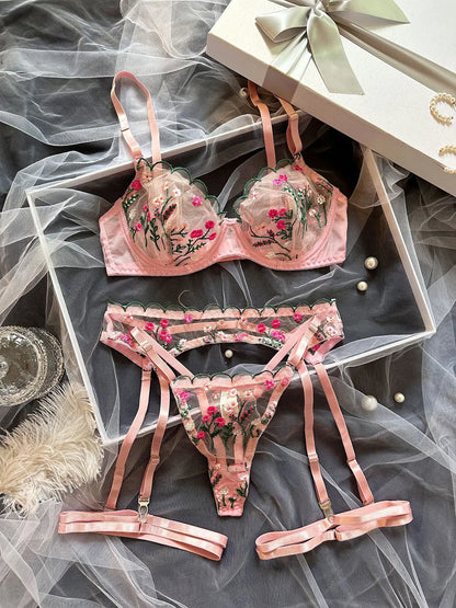Ellolace Fairy Lingerie Floral Transparent Bra Fancy Underwear Delicate Lace Garter Belt Set Valentine Holiday Sexy Intimate