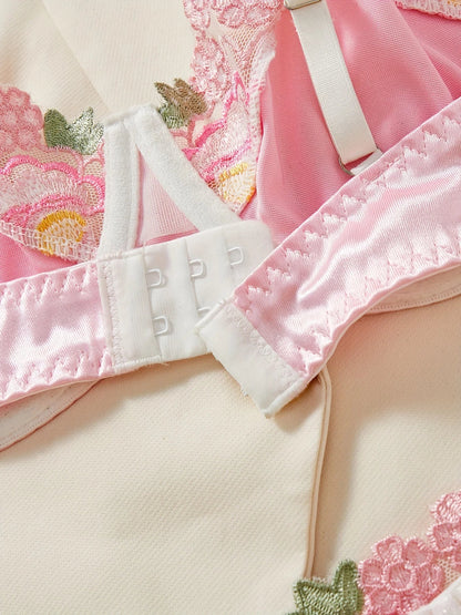 Ellolace Pink Lace Lingerie Sweet Girl Slip Underwear Silk Delicate Embroidery Bilizna Set Sissy Translucent Tulle Intimate