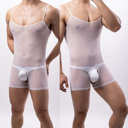 Chaleco de malla de una pieza con tirantes unisex Lencería transparente con punto de rocío y orificio abierto