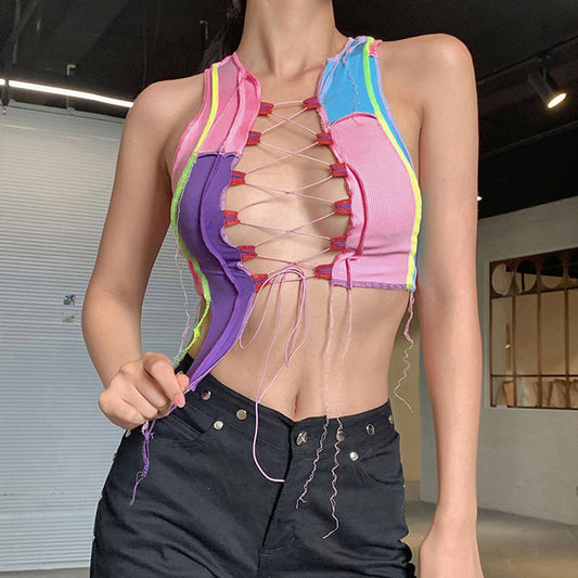 Color Irregular Navel Lace-up Cutout Sexy Low-cut Vest Nightclub Goddess Temperament Summer