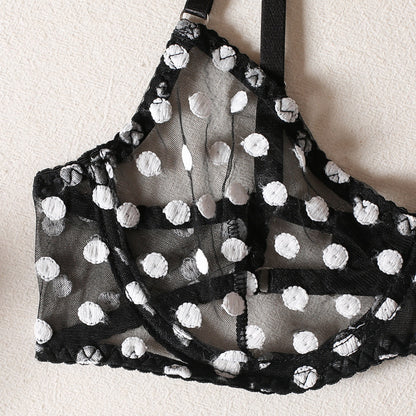 Polka Dot Lingerie Four-piece Set With Scarf Waist Bow Ultra-thin See-through Underwear