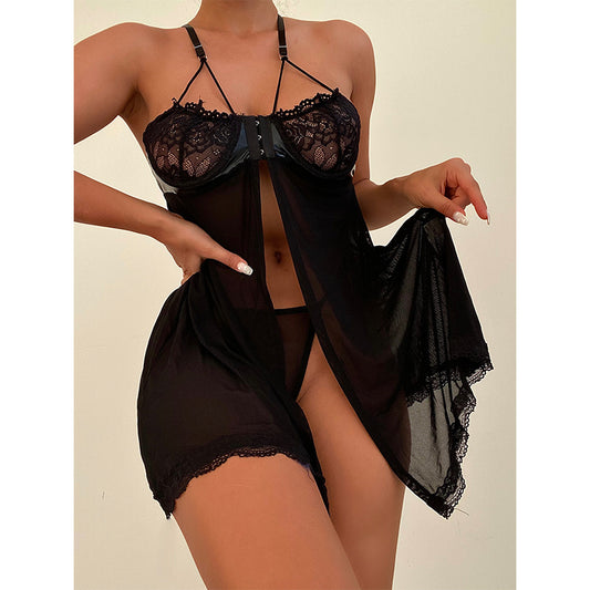 Mini-jupe en maille et dentelle noire, lingerie