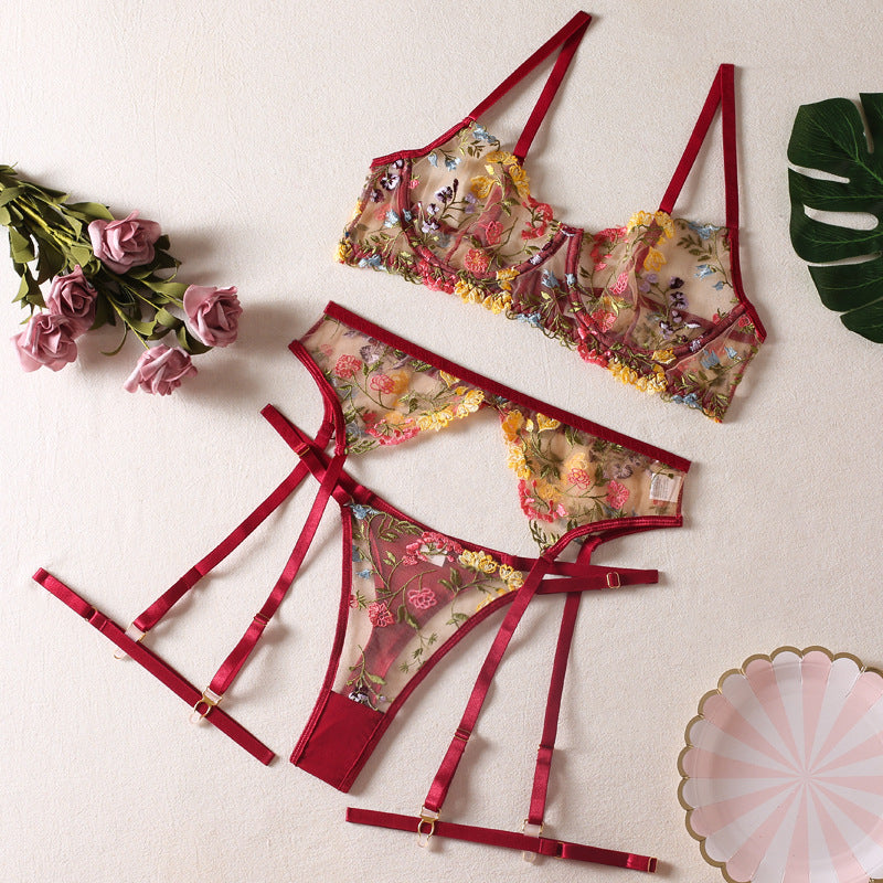 Ellolace Lingerie Sensuelle Sous-vêtements en dentelle Broderie transparente Jarretières 3 pièces