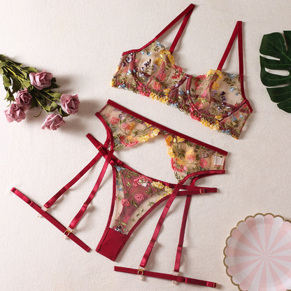Ellolace Lingerie Sensuelle Sous-vêtements en dentelle Broderie transparente Jarretières 3 pièces