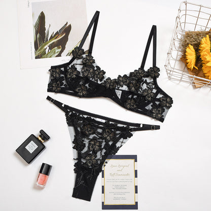 Embroidered Flower Mesh See-through Sexy Underwear Set