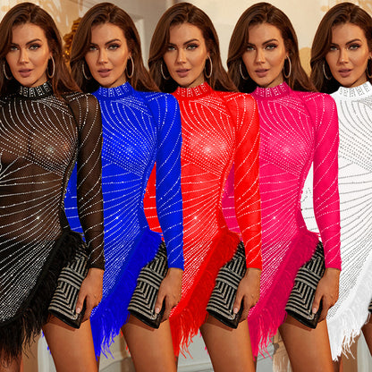 Fashion Women's Wear Pure Color Mesh Hot Drilling Feather Skirt Dress