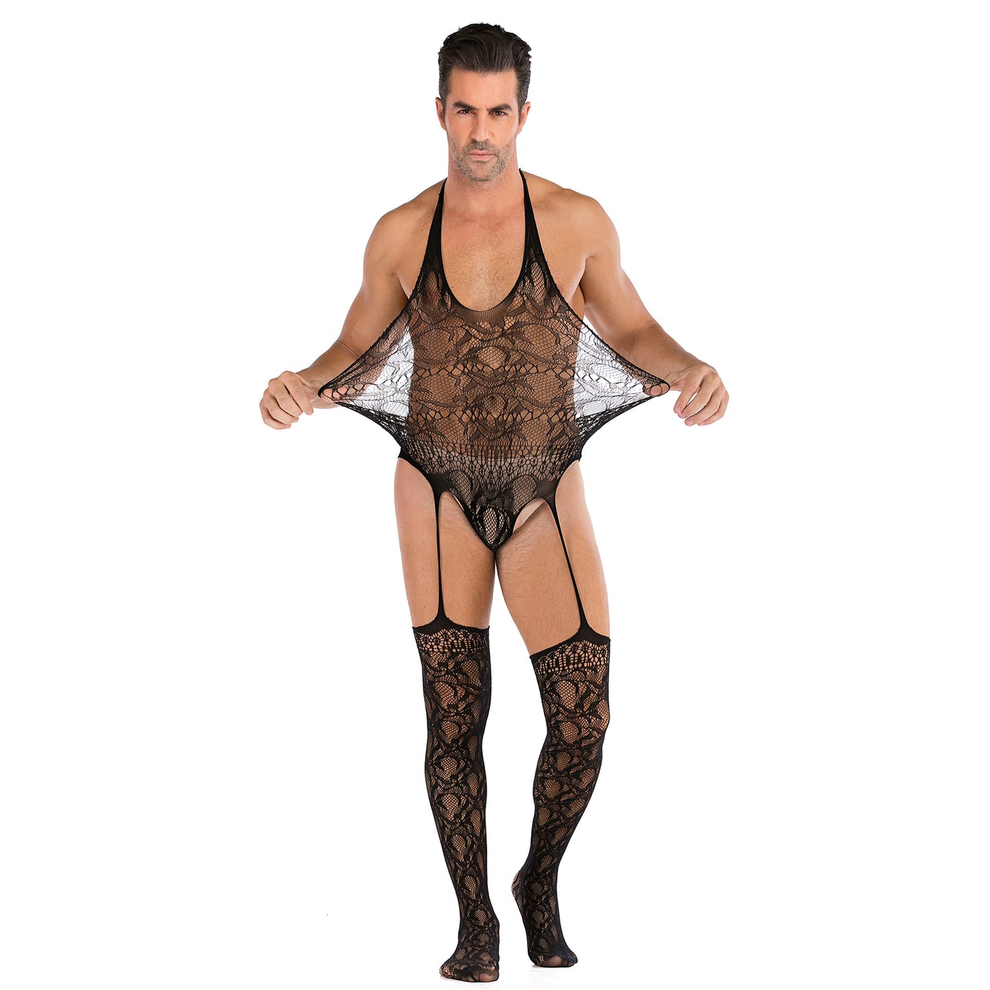 Robe en filet sexy une pièce pour hommes, grande taille, bas, body sexy