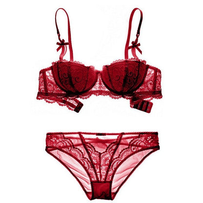 Conjunto de ropa interior roja vino con sujetador de media copa recogido en el pecho pequeño fino de encaje Sexy europeo y americano