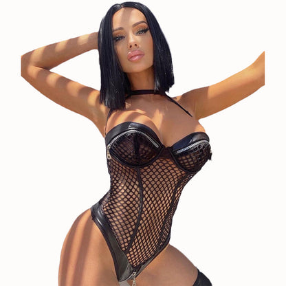 New Style Sexy Lingerie Patent Leather Three-point Suit Gathered To Show Big Breasts