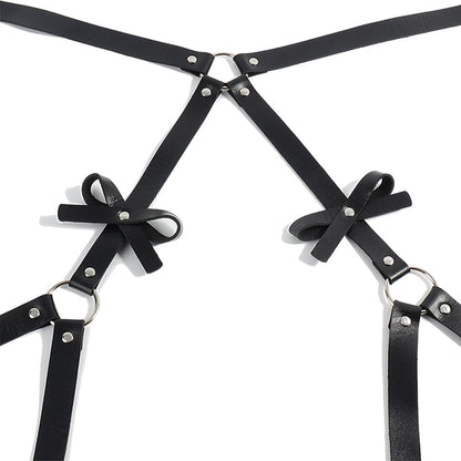Punk Black Leather  PU Bow Belt Leg Loop Sexy Harness Leather For Ladies Fun Harness Leather