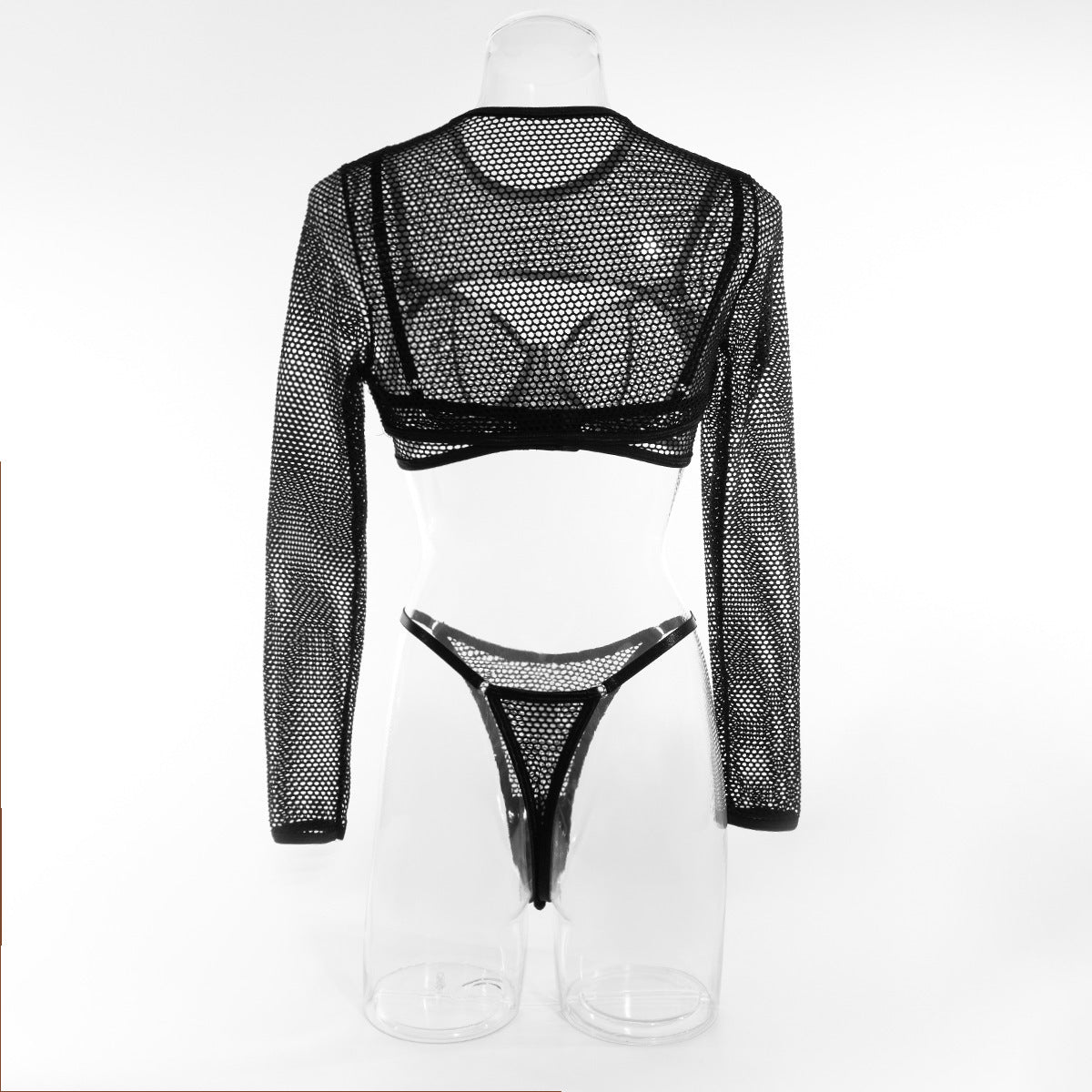 Blusa de manga larga Malla Hueca Lencería sexy Sujetador de tres piezas Chaleco corto Traje superior