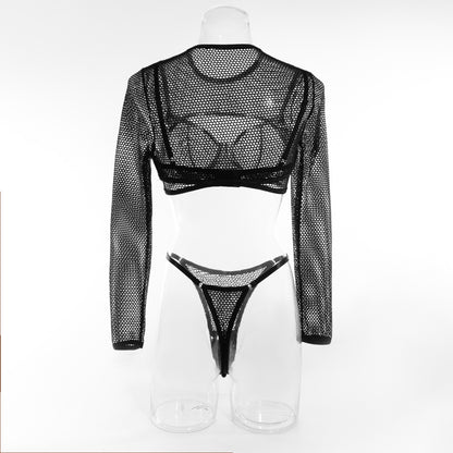 Blusa de manga larga Malla Hueca Lencería sexy Sujetador de tres piezas Chaleco corto Traje superior