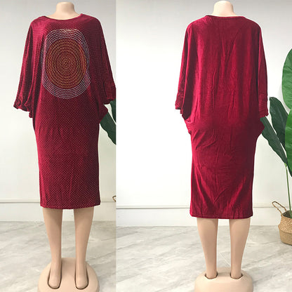Ladies Hot Rhinestone Bat Sleeve Casual Dress