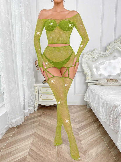 Ensemble 2 pièces, vêtements en résille à manches longues, une pièce, perçage à chaud, vêtements en résille