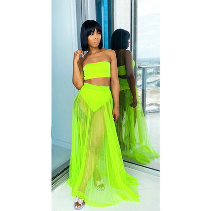 Mesh Chest-wrapped Swimsuit Ladies Two-piece Set