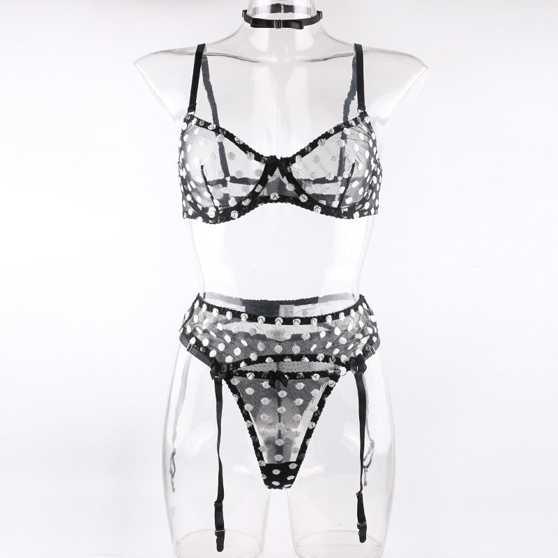 Polka Dot Lingerie Four-piece Set With Scarf Waist Bow Ultra-thin See-through Underwear