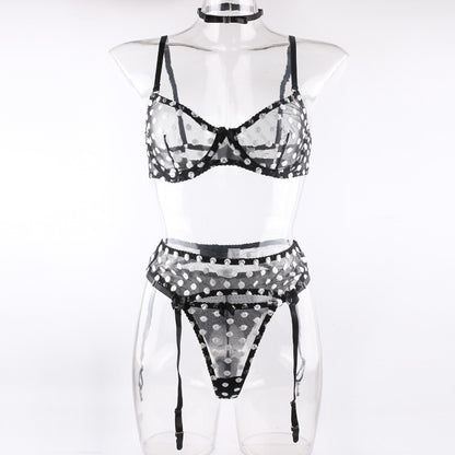 Polka Dot Lingerie Four-piece Set With Scarf Waist Bow Ultra-thin See-through Underwear