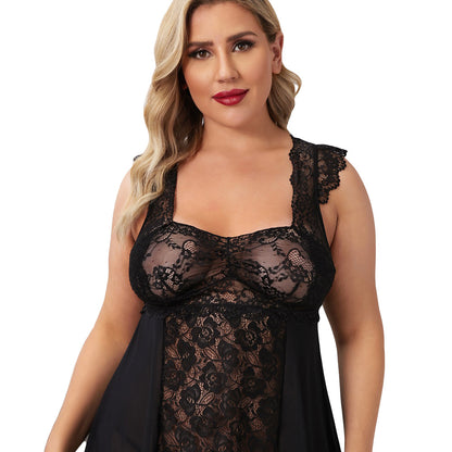 Lencería sexy de talla grande Nuevo pijama transparente con espalda de encaje