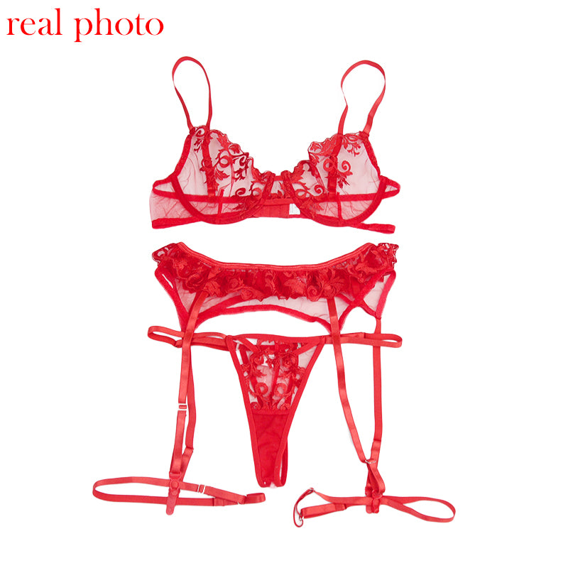 Sujetador Lencería De Encaje Rojo Transparente Exótico Precioso Love Secret 3 Piezas
