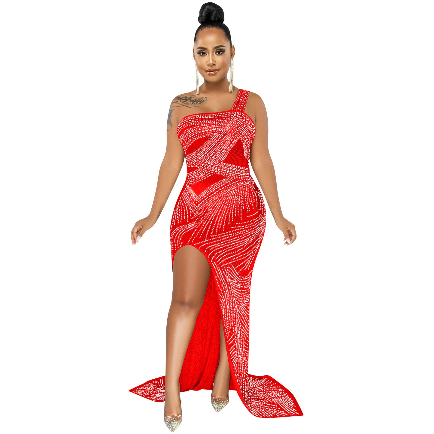 Nightclub Hot Rhinestone Single Sling Slit Long Skirt Dress
