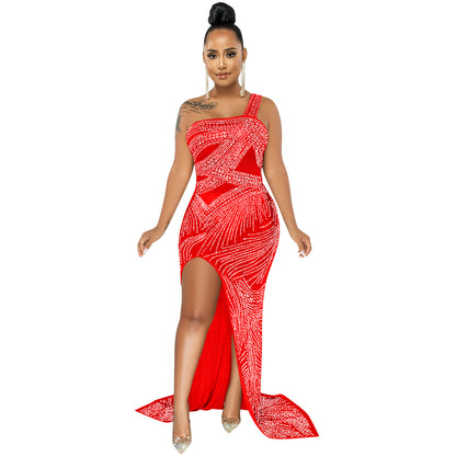 Nightclub Hot Rhinestone Single Sling Slit Long Skirt Dress