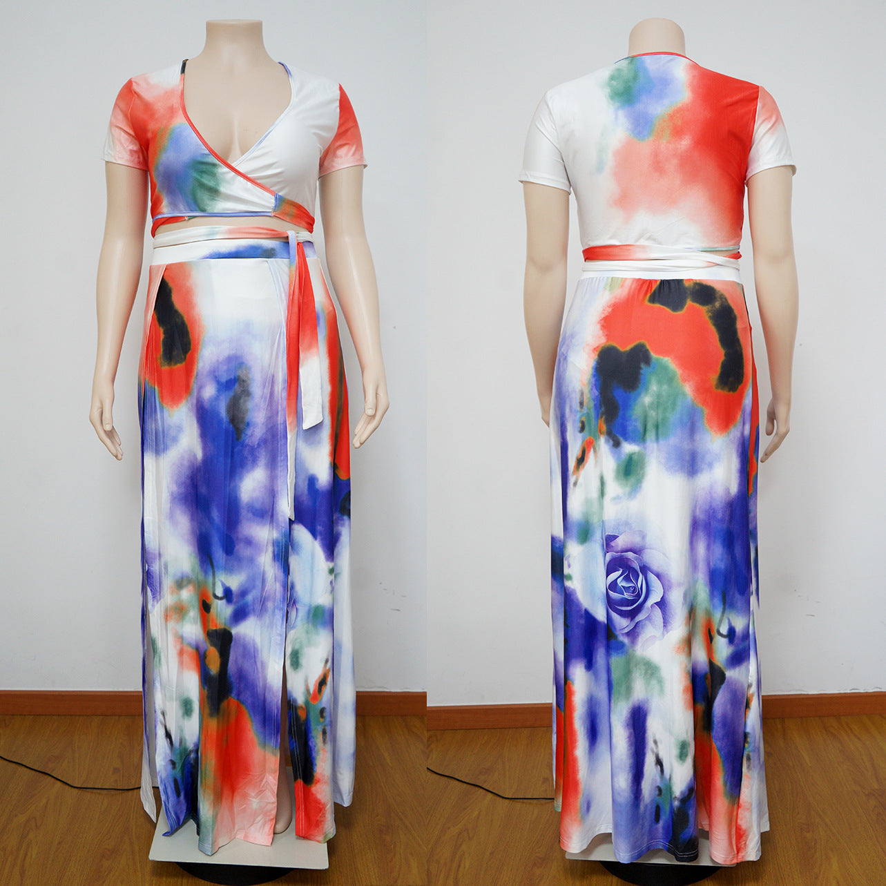 Digital Printed Sexy Loose Split Skirt Short Sleeve Two-piece Set